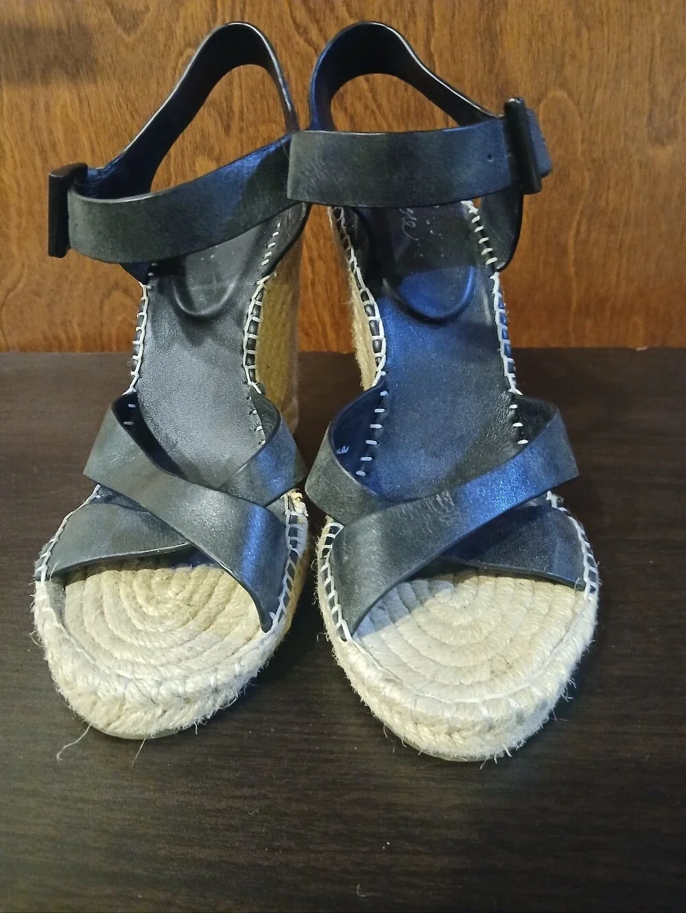 JOIE black leather jute wedges